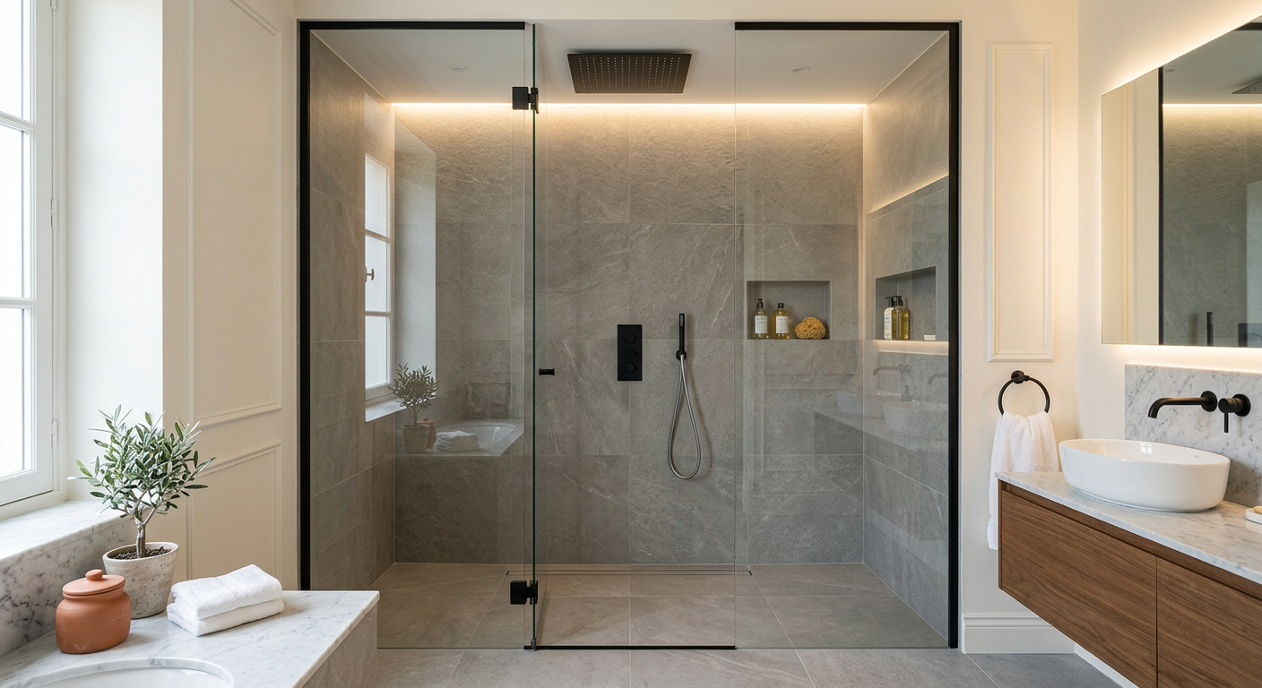 Installation de salle de bain moderne avec douche à l'italienne à Cergy